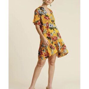 Umgee Dress 1XL Yellow Floral Ruffle Babydoll Mini Flowy Cottagecore Flirty